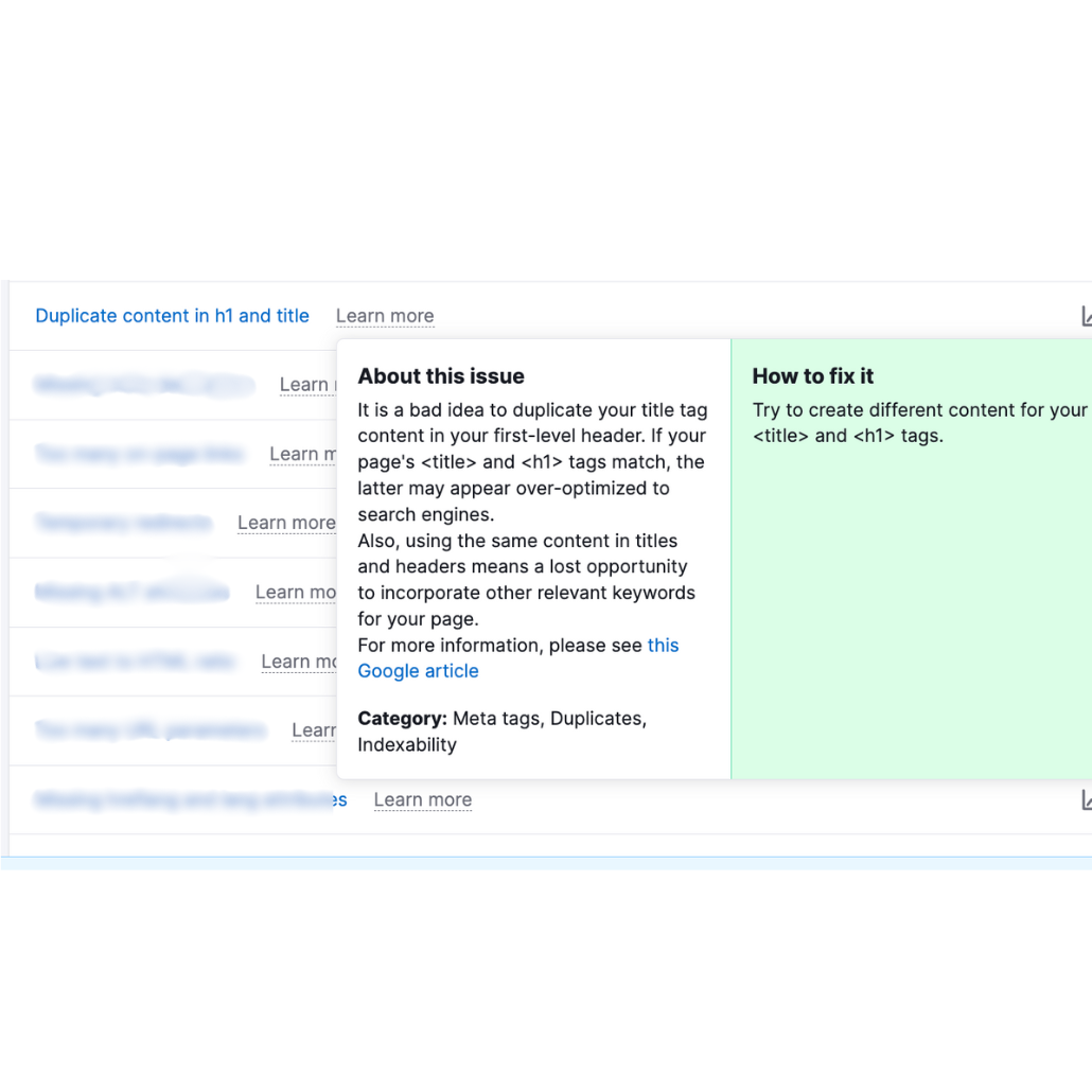 Screenshot of why duplicate content in title tags and H1s are a problem from SEMRush
